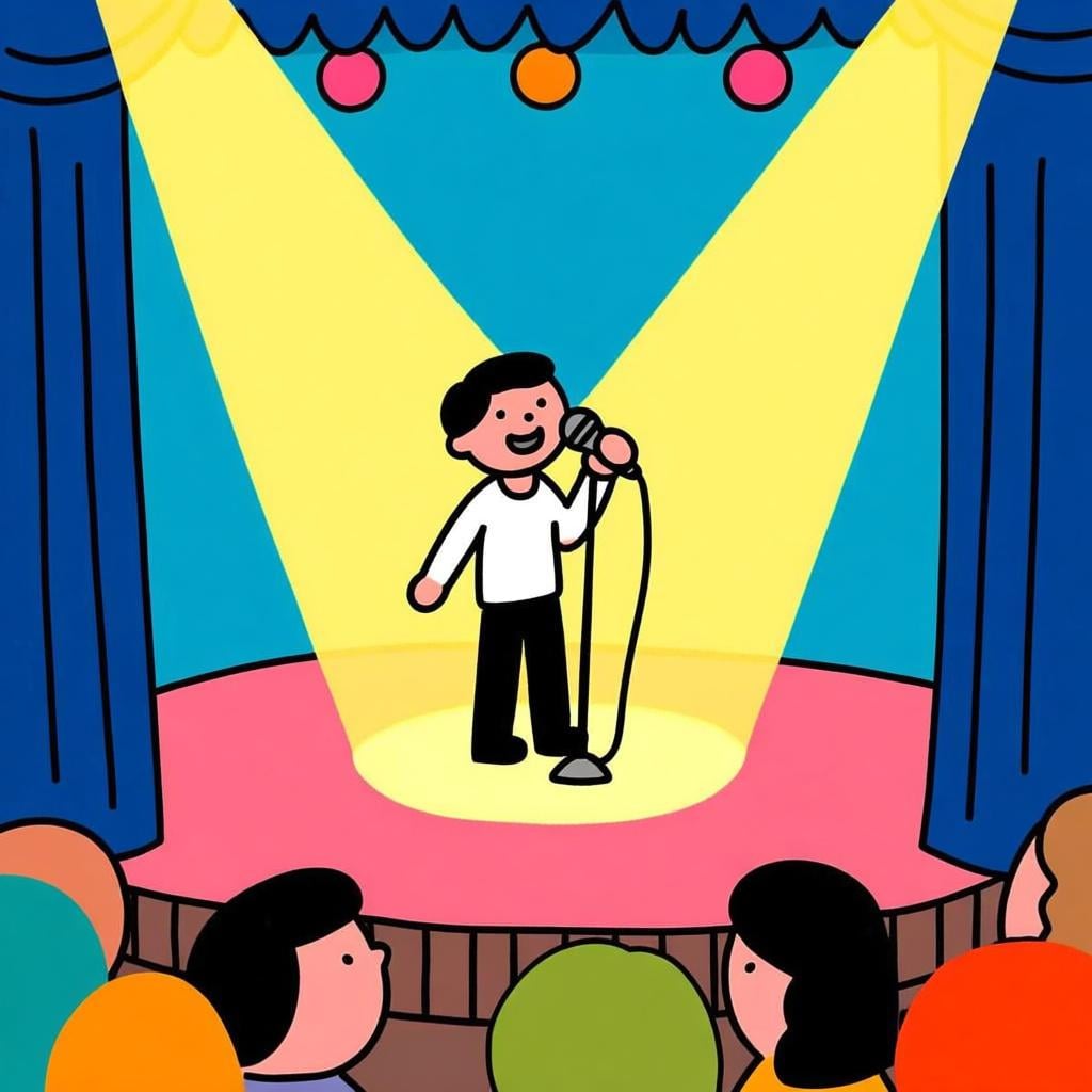 A musician playing a guitar on a brightly lit stage in front of a cheering audience, illustrating a live performance.