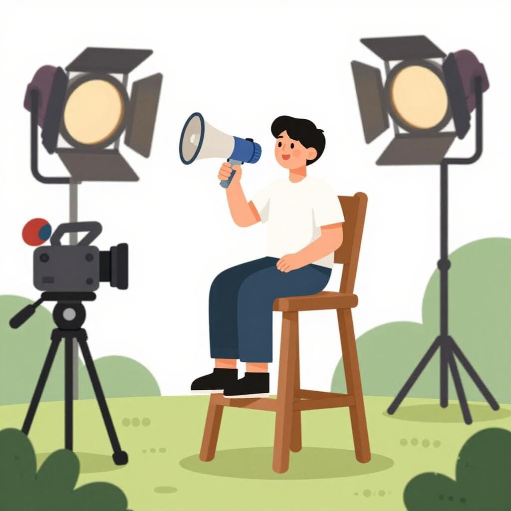 Eine Person sitzt auf einem hohen Regiestuhl am Filmset, hält ein Megafon und blickt auf eine Szene.