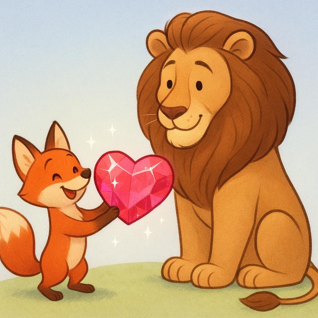 A small, smiling fox eagerly offers a ridiculously large, sparkling, heart-shaped jewel to a majestic, seated lion, symbolizing flattery.