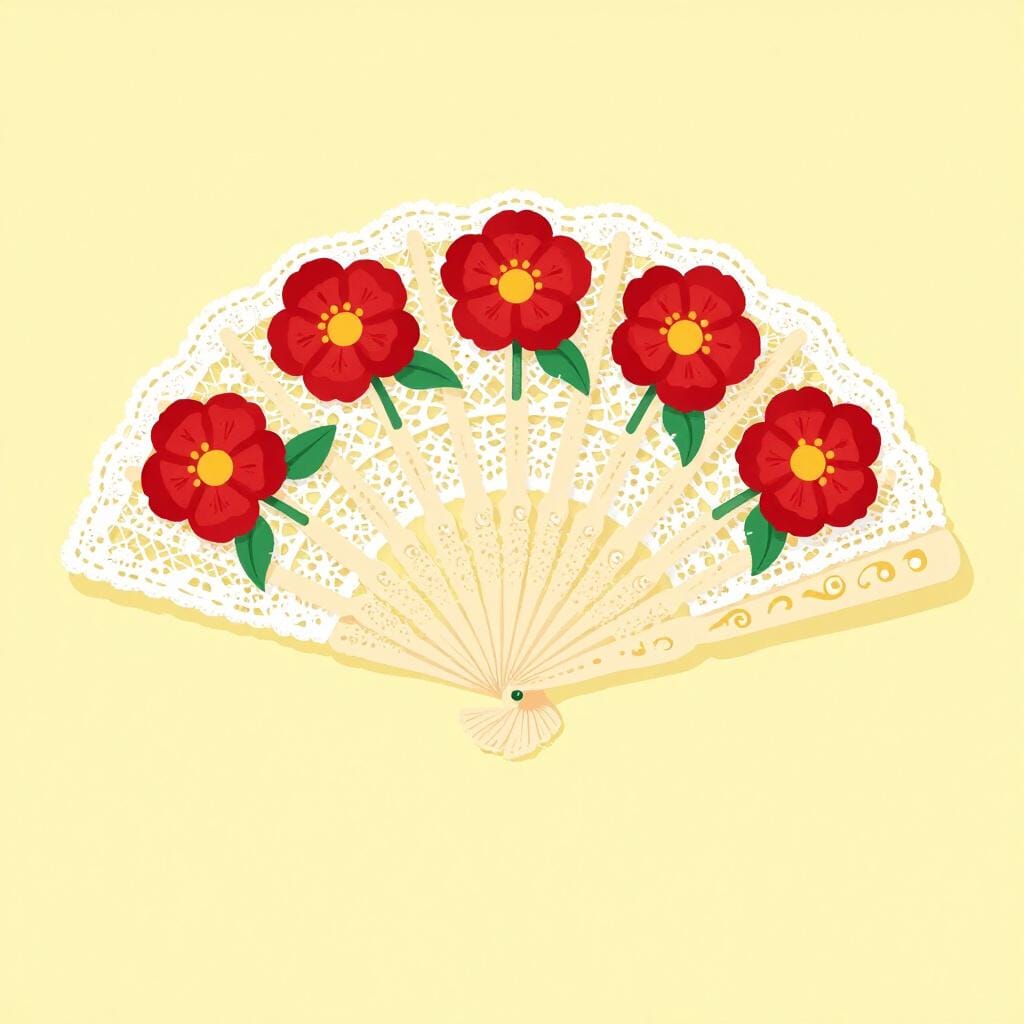 Ein lebhafter spanischer Fächer mit komplizierter Spitze und roten Blumenmustern.