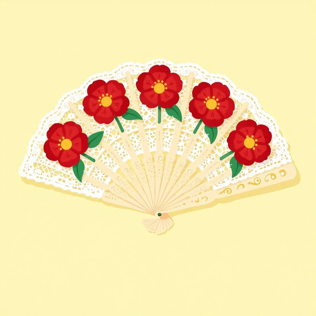 A vibrant Spanish hand fan with intricate lace and red floral patterns.