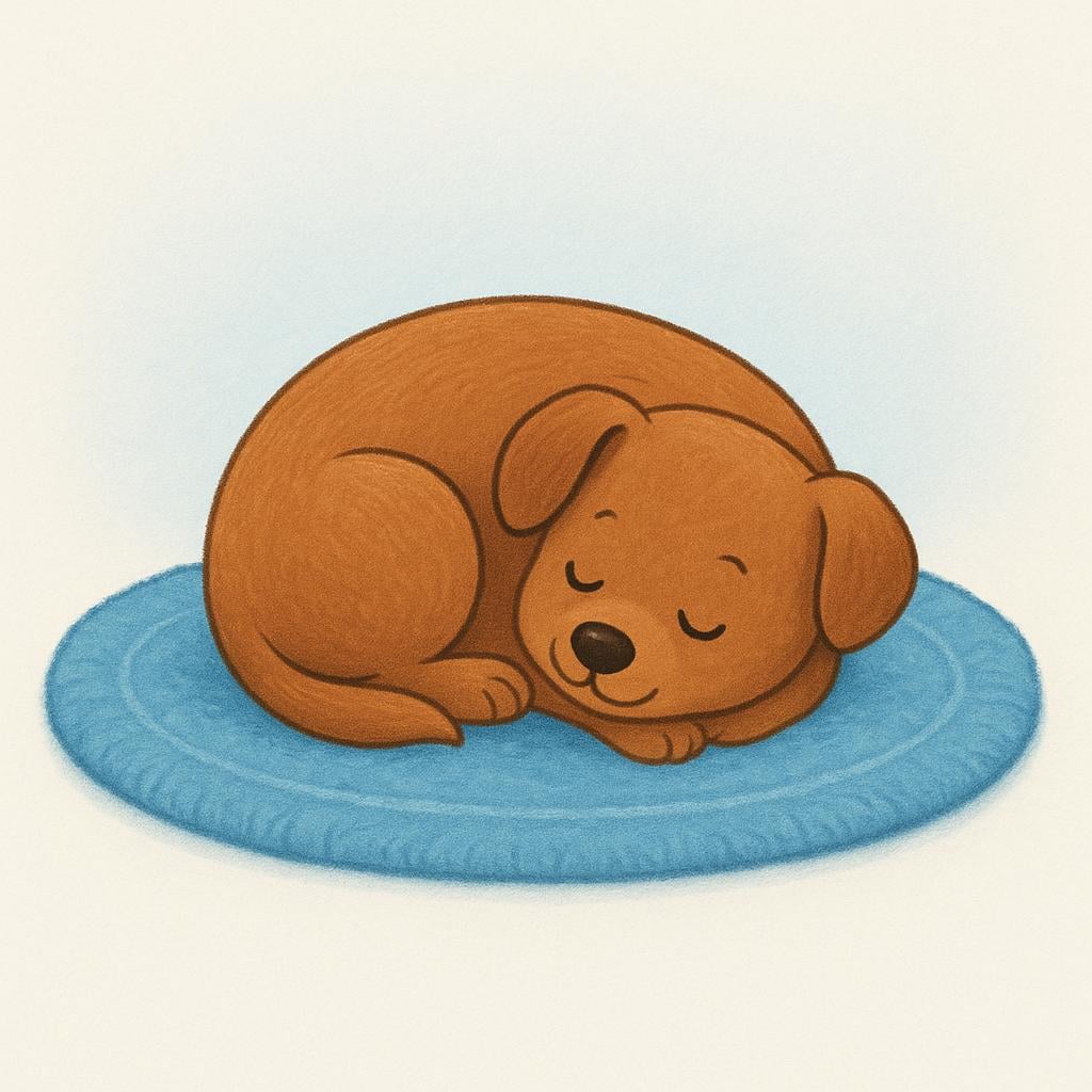 A peaceful illustration of a small dog sleeping soundly on a soft blue rug.