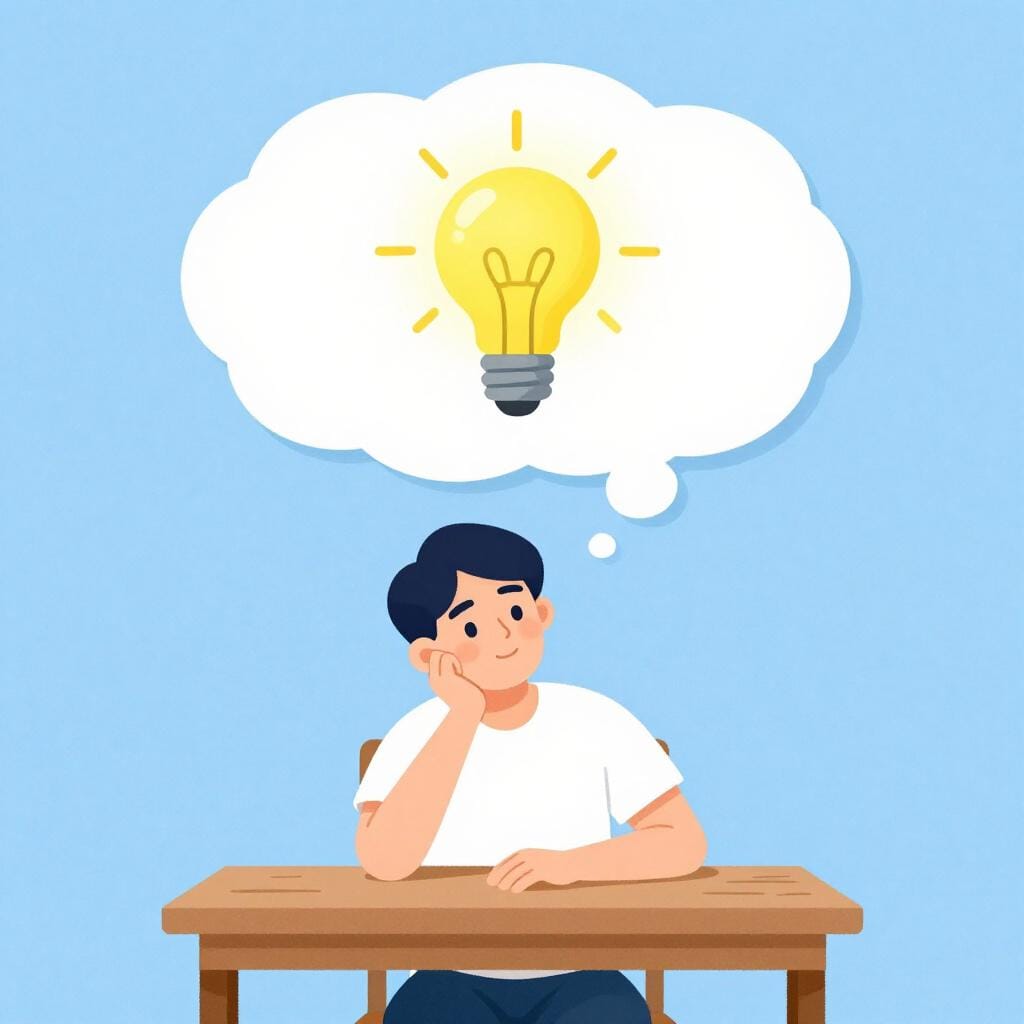 A friendly person with a thought bubble above their head containing a colorful lightbulb.