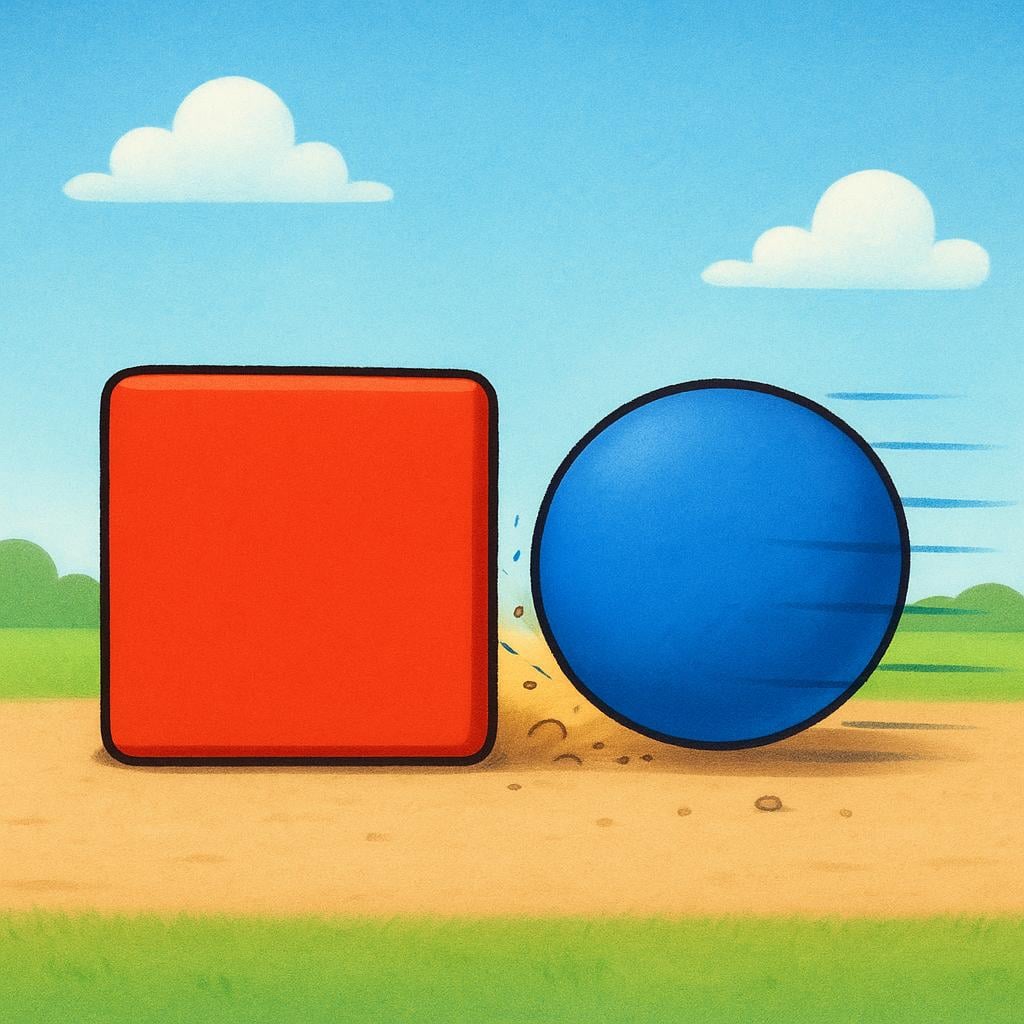 A large, colorful, solid block acting as a barrier, successfully stopping a simple, round, rolling object from moving further.