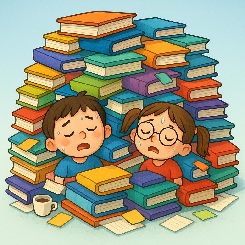 Twee kleine, zwetende figuren die tot aan hun nek begraven zijn in een enorme, kleurrijke berg gestapelde boeken en documenten, wat extreme uitputting door overwerk toont.