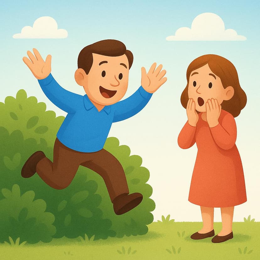 Eine farbenfrohe Illustration, die einen Mann zeigt, der plötzlich hinter einem großen grünen Busch hervorspringt. Eine Frau in der Nähe registriert extreme Überraschung und hält sich die Hände vor den Mund.