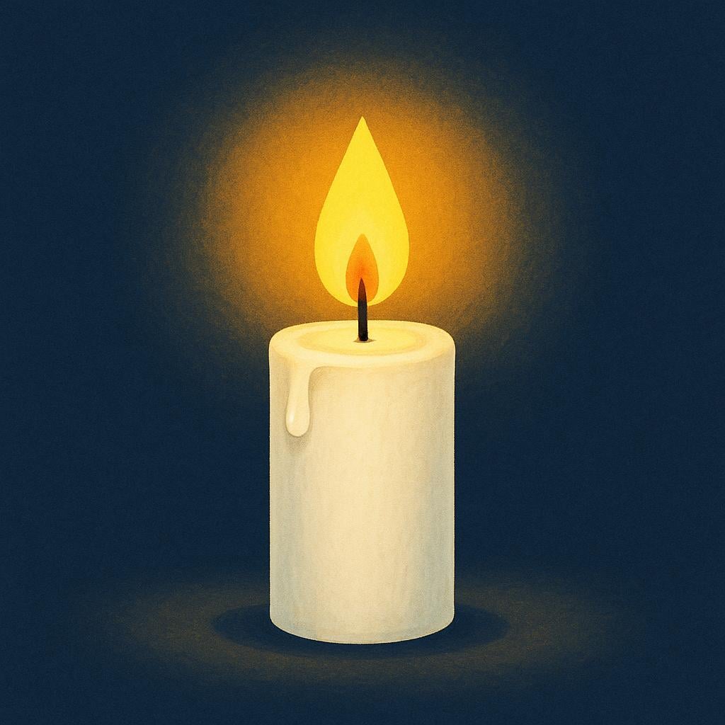 A lit candle standing on a pedestal, showing the flame actively burning and the wax melting slightly, symbolizing consumption.