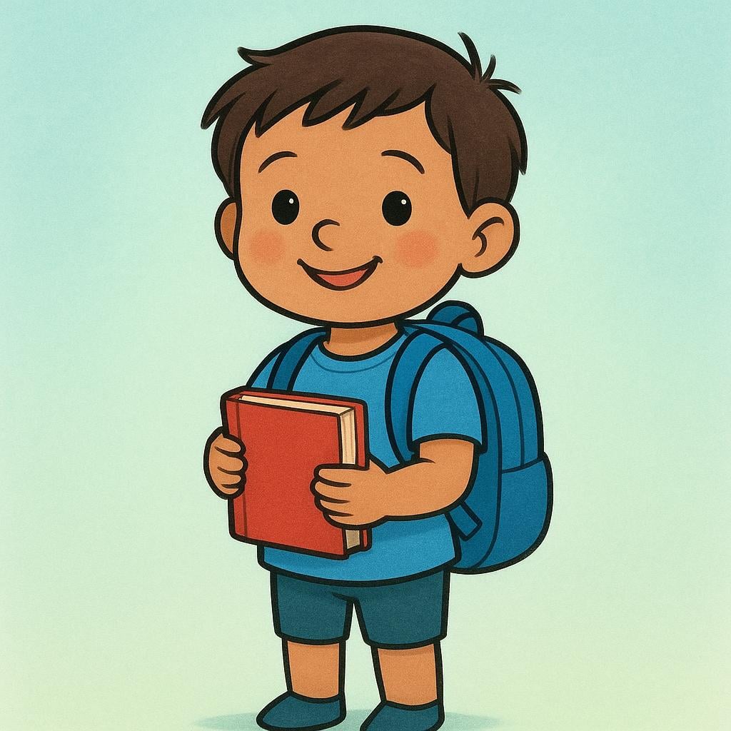 A young elementary-aged student, smiling, wearing a backpack and holding a single closed book.