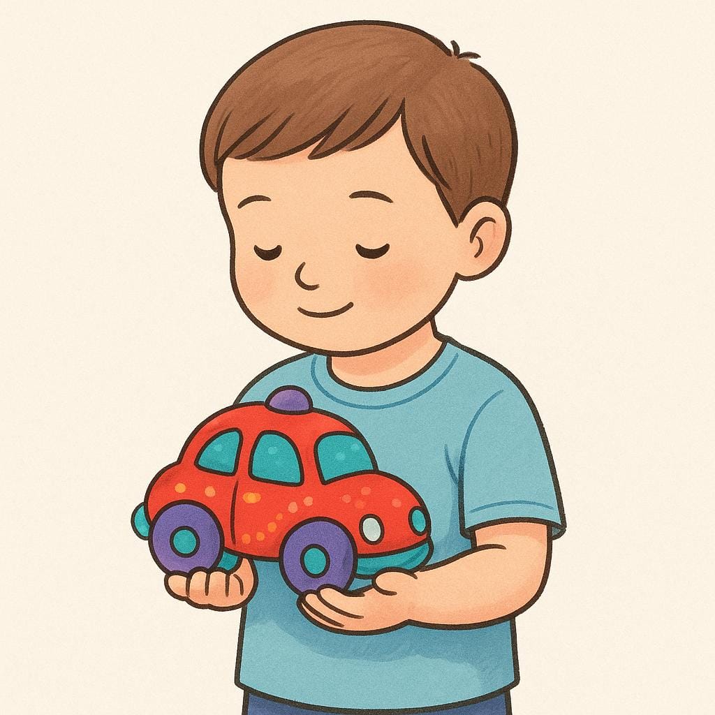 A child carefully holding a brightly colored, unique toy car in both hands, emphasizing their personal possession of the item.