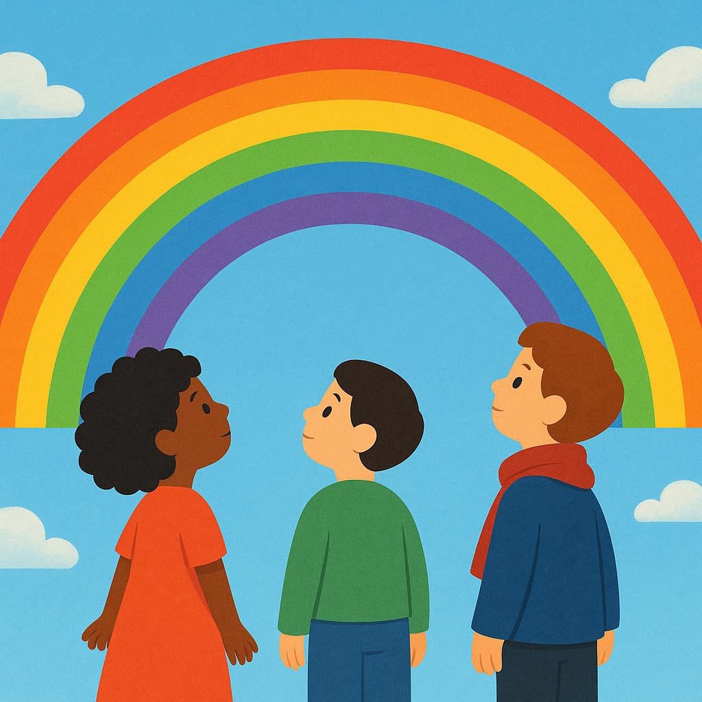 Three stylized figures standing side-by-side, all gazing intently upward at a large, vibrant rainbow arching across a blue sky.