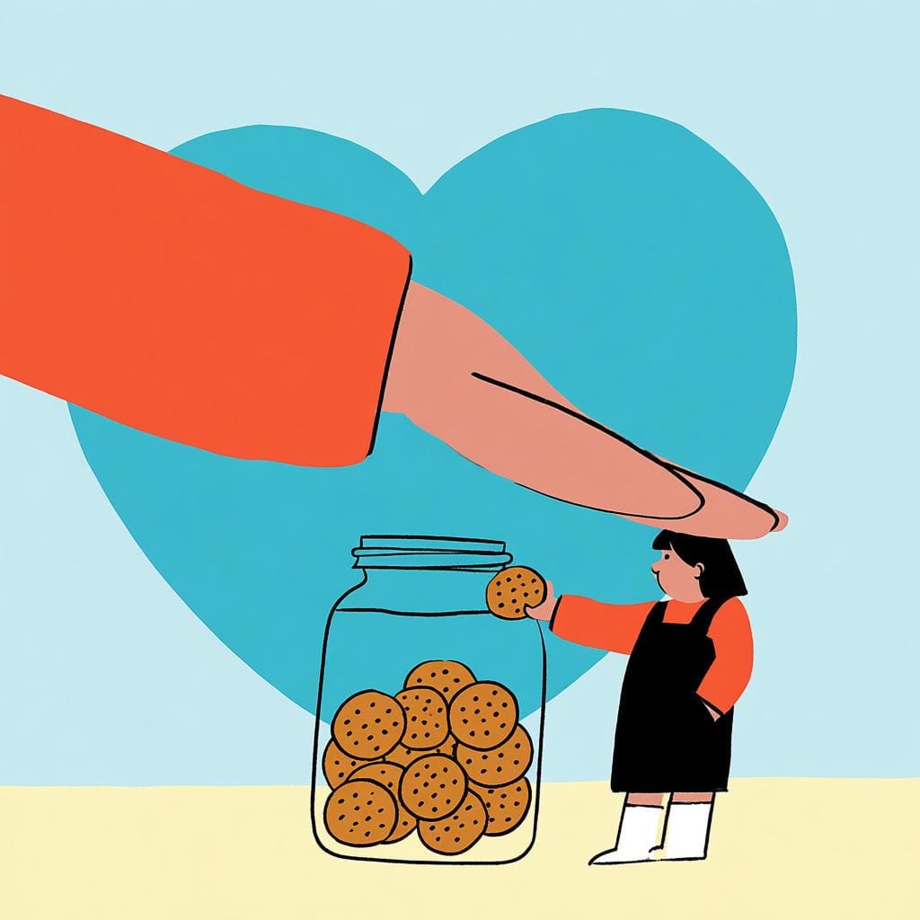 A large adult hand gently but firmly stopping a small child's hand from adding a final item to an already overflowing jar of cookies.