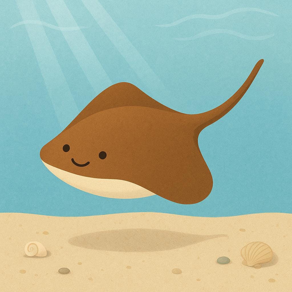 A flat, kite-shaped brown and white skate fish swimming above the sandy ocean floor.