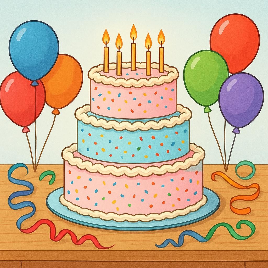 A large, brightly decorated birthday cake sitting on a table next to several colorful balloons and streamers.