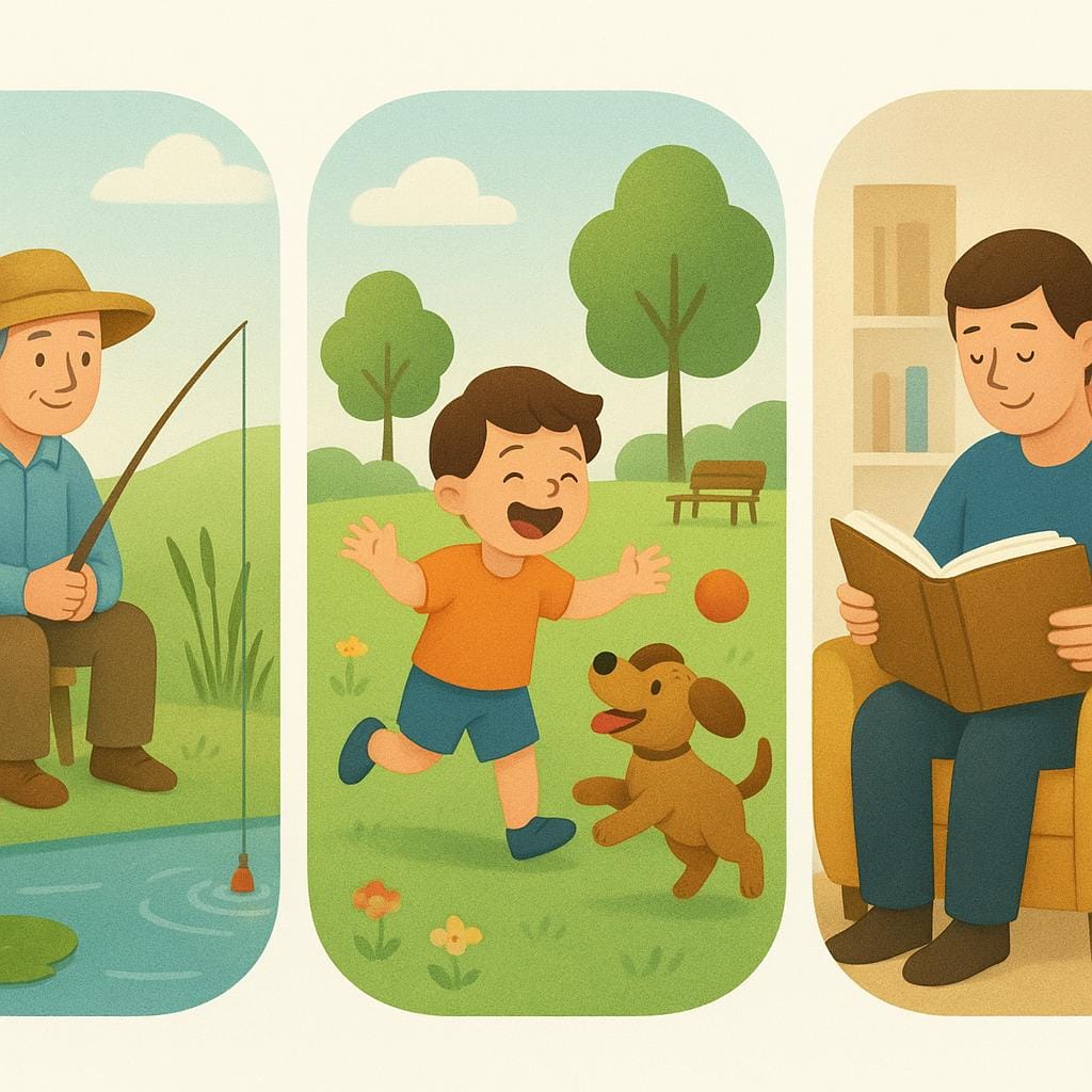 A colorful illustration segmented into three distinct panels, showing three different everyday situations: a person fishing by a pond, a child playing fetch with a dog, and a person reading a book indoors.