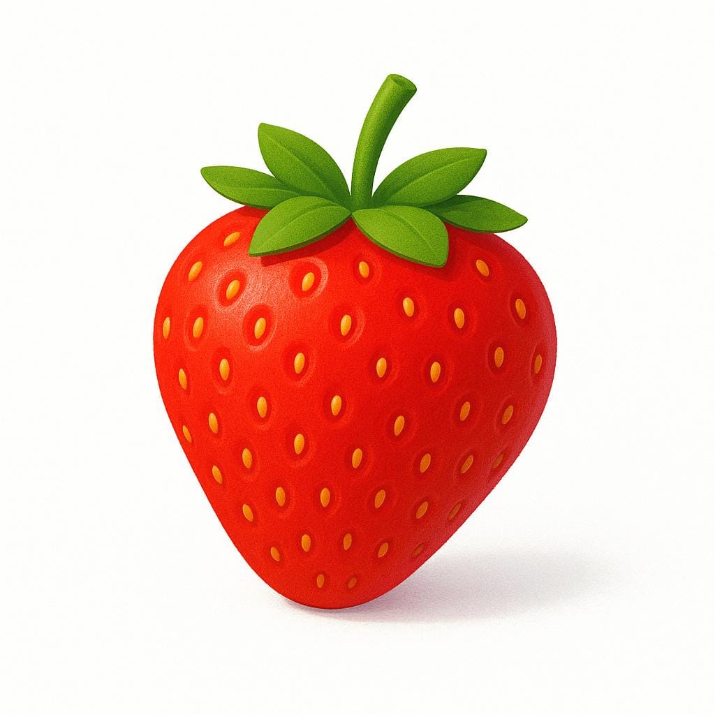 A bright red, perfectly ripe strawberry with a green stem resting on a clean white surface, symbolizing freshness.