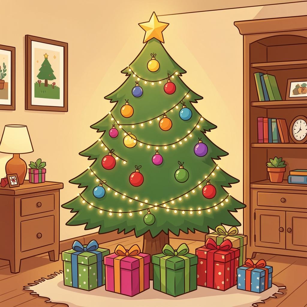 A cozy living room featuring a decorated pine tree with glowing lights and a pile of wrapped gifts underneath.