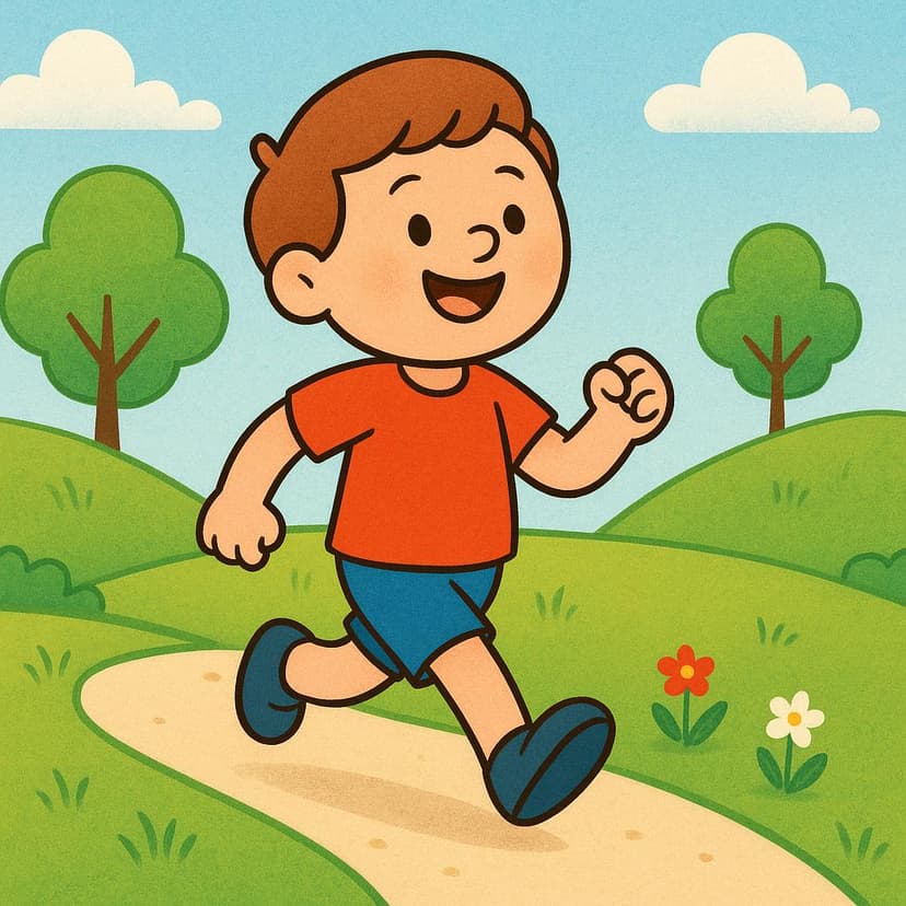 A happy cartoon person with bright clothing is taking a brisk step forward on a simple path, illustrating the action of walking.
