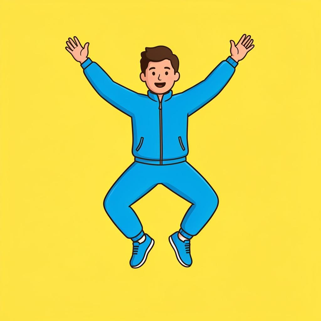 A person in colorful athletic wear doing a jumping jack in a bright room.