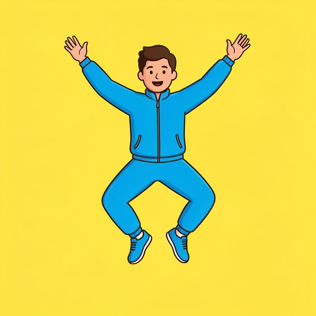 A person in colorful athletic wear doing a jumping jack in a bright room.