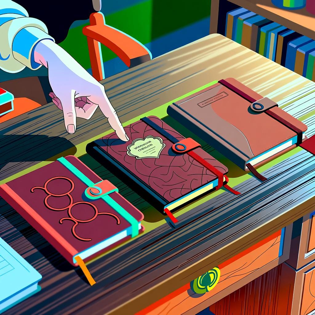 A person's hand pointing to a group of three red notebooks on a desk directly in front of them.