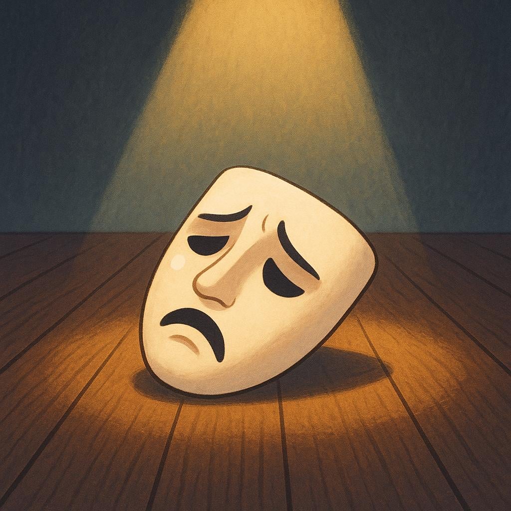 A tiny, dramatic theater mask resting on a stage under a single spotlight.