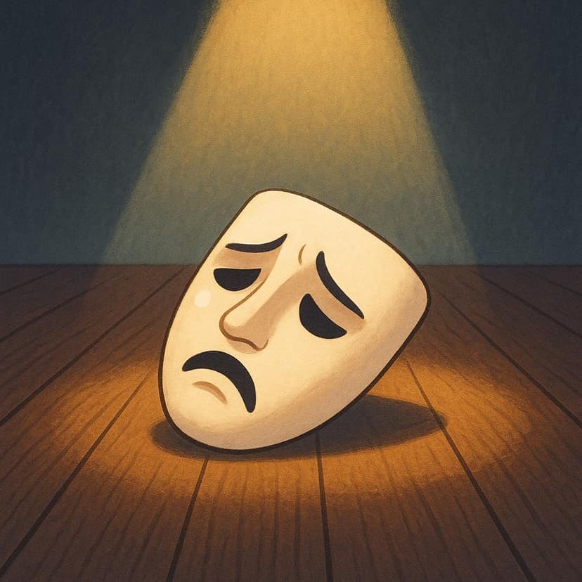 Una minuscola e drammatica maschera teatrale appoggiata su un palco sotto un unico faro.