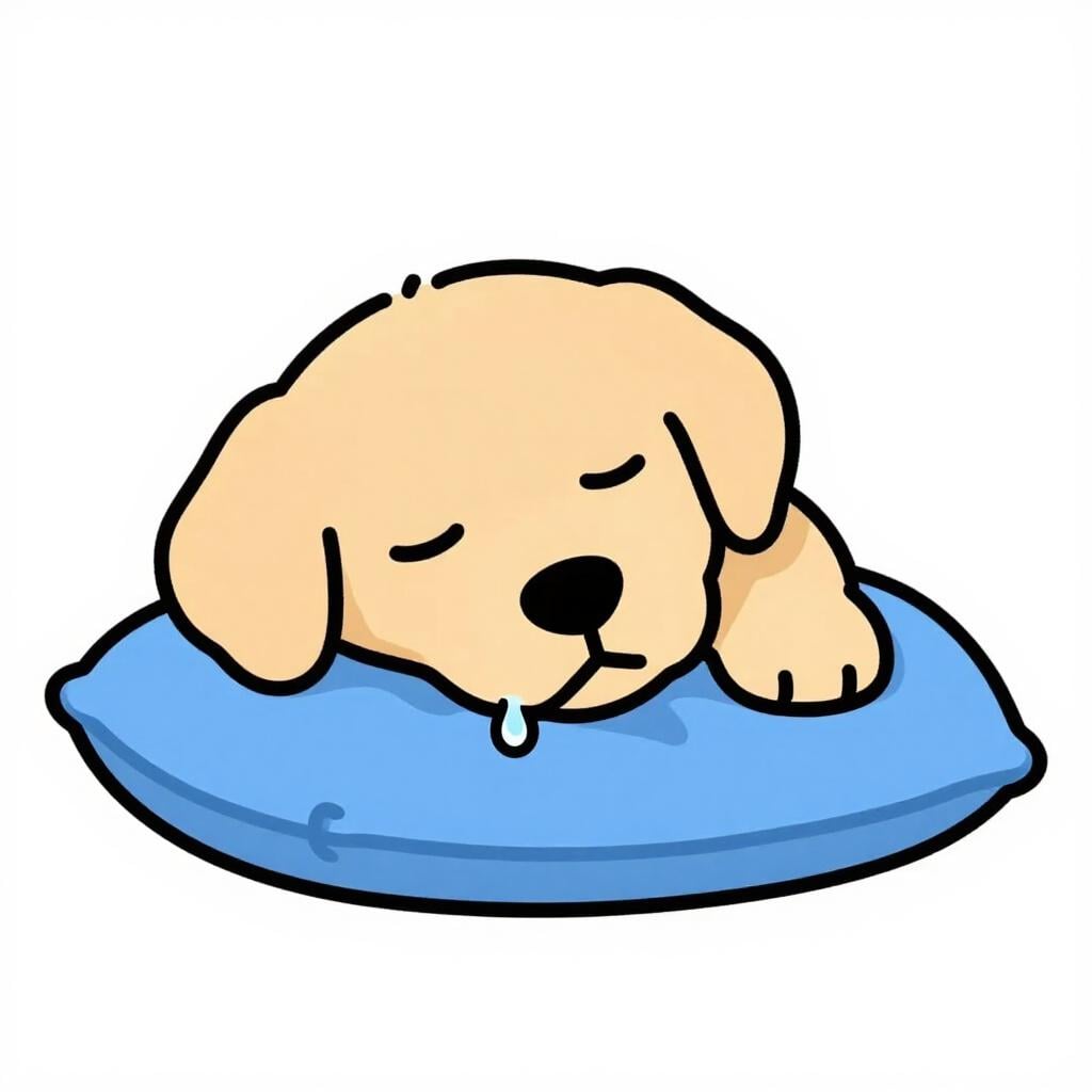 A cute, sleepy puppy lying on a soft blue pillow with a small, shiny drop of drool coming from its mouth.