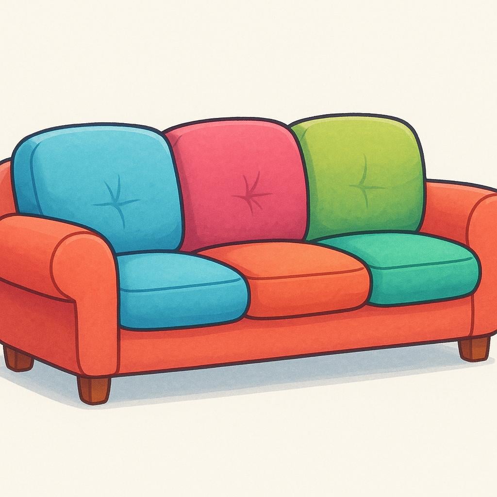 A plush, long, brightly colored sofa with thick cushions.