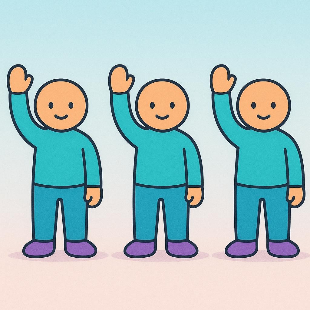 Three identical, simplistic figures standing side-by-side, all raising their right arms perfectly at the same time, illustrating the concept of acting in unison.