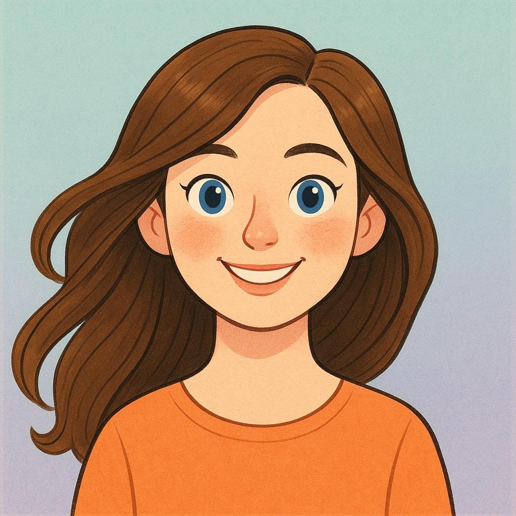 A simple storybook illustration depicting a smiling young woman with bright, pleasant features and a confident posture.