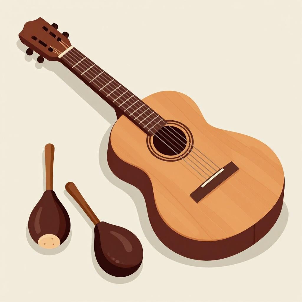 Een levendige akoestische gitaar versierd met kleurrijke patronen en een paar castagnetten ernaast.