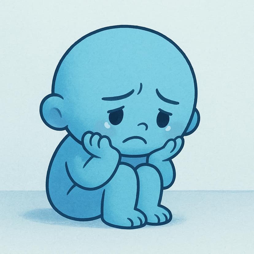 A high quality simple colorful storybook illustration of a single small blue creature sitting huddled on the floor, resting its head in its hands, with a clear expression of distress and worry.