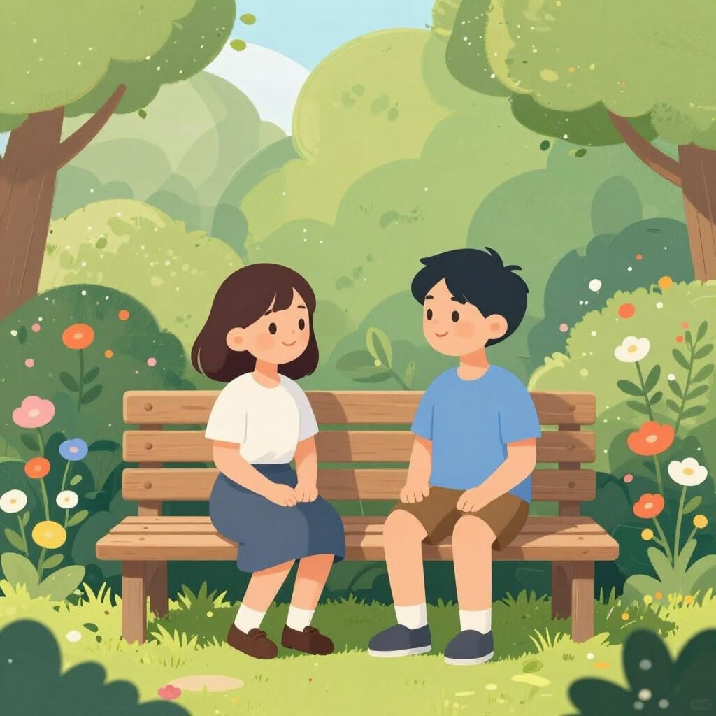 Two friends sitting together on a bench, having a friendly conversation in a peaceful garden.