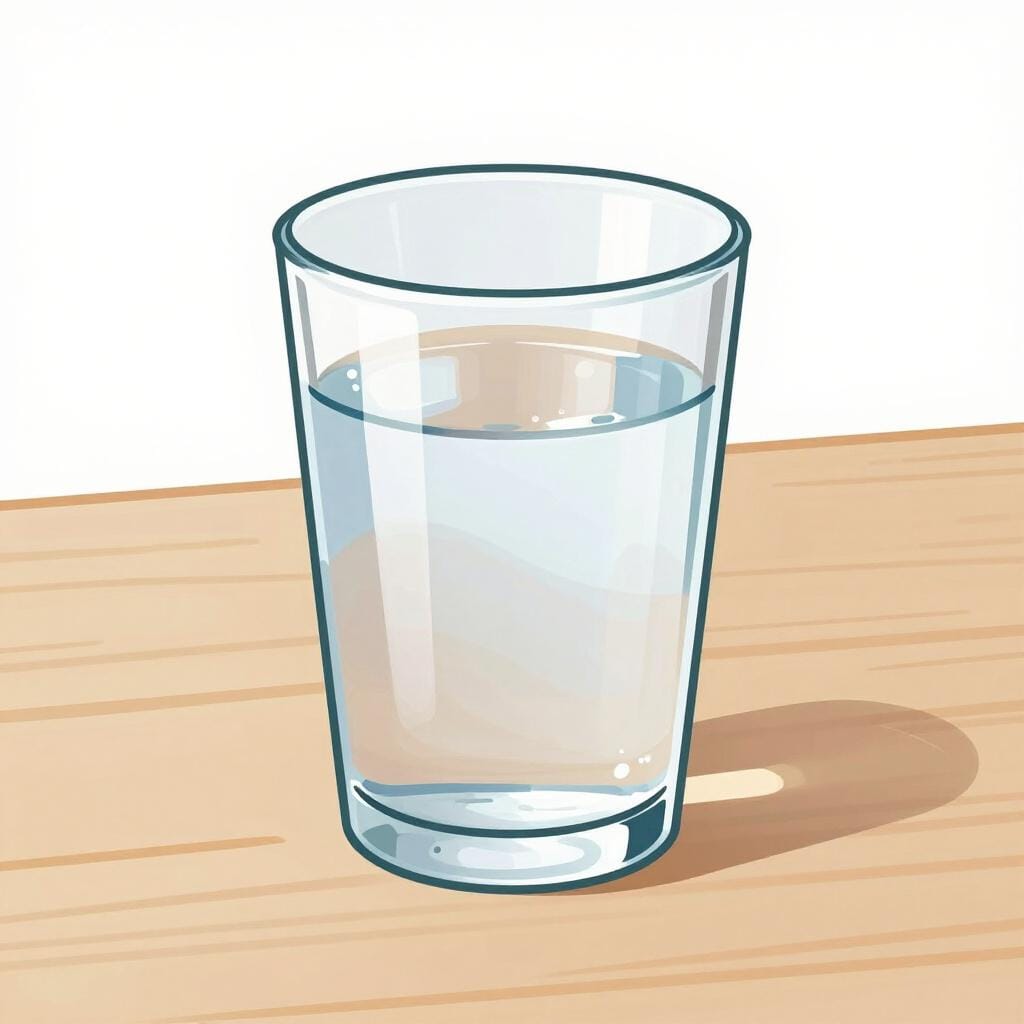 A glass of perfectly clear, sparkling water sitting on a simple wooden table.