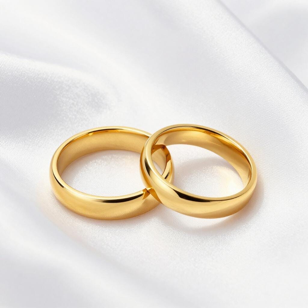Two simple gold wedding bands resting together on a soft white fabric.