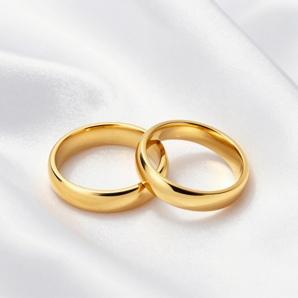 Two simple gold wedding bands resting together on a soft white fabric.