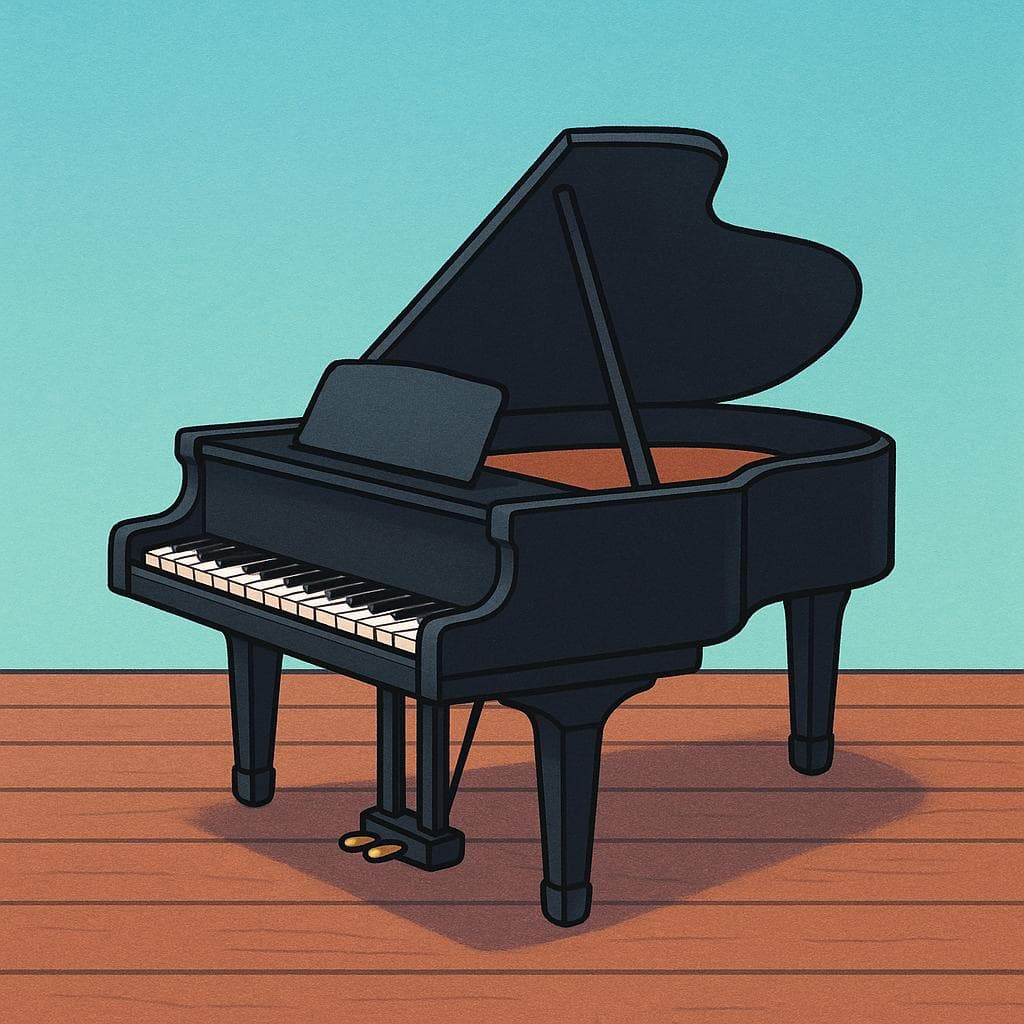 Une illustration détaillée d'un piano à queue noir et poli avec le couvercle entrouvert, montrant les touches et les cordes internes.