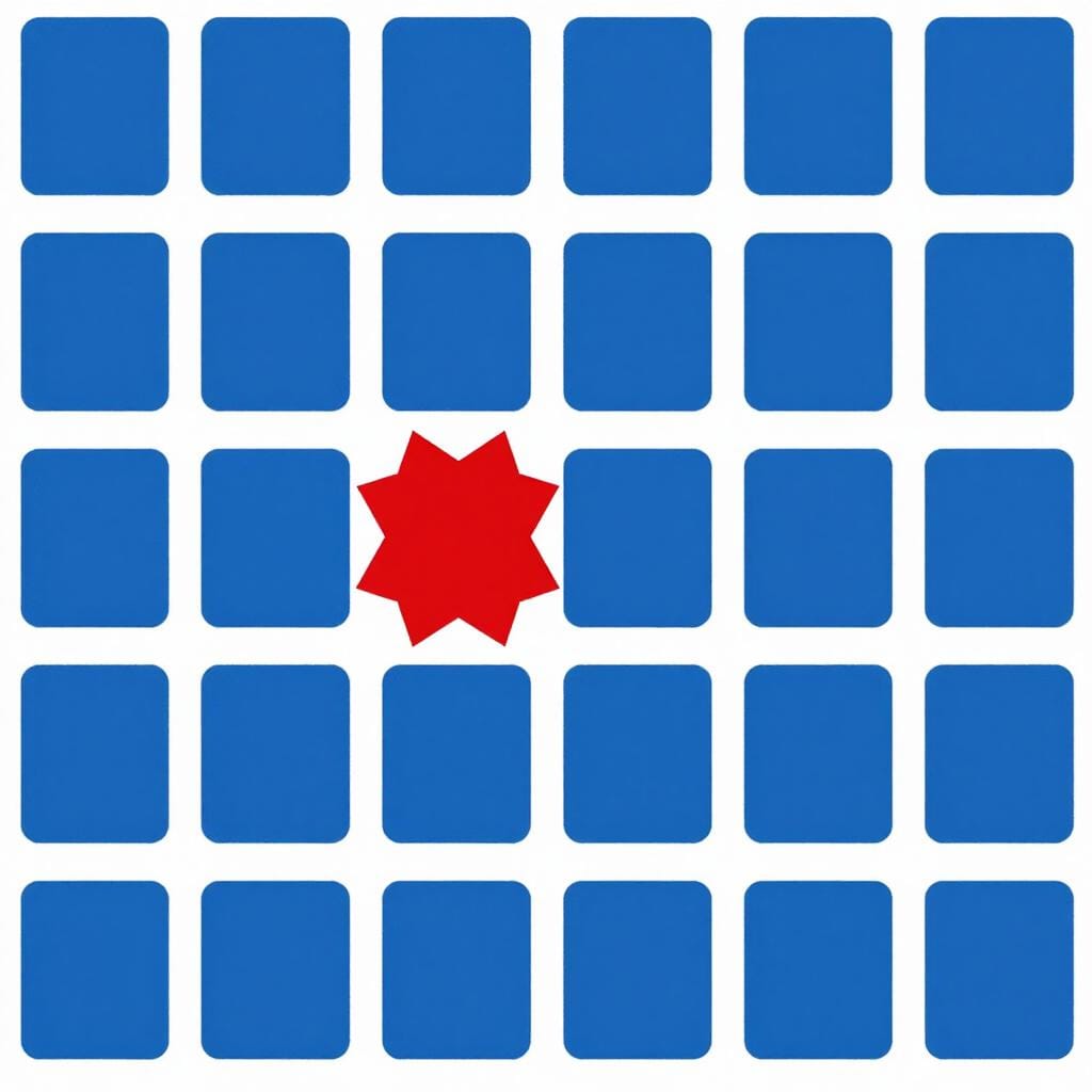 A row of identical blue squares with one jagged red shape in the middle.