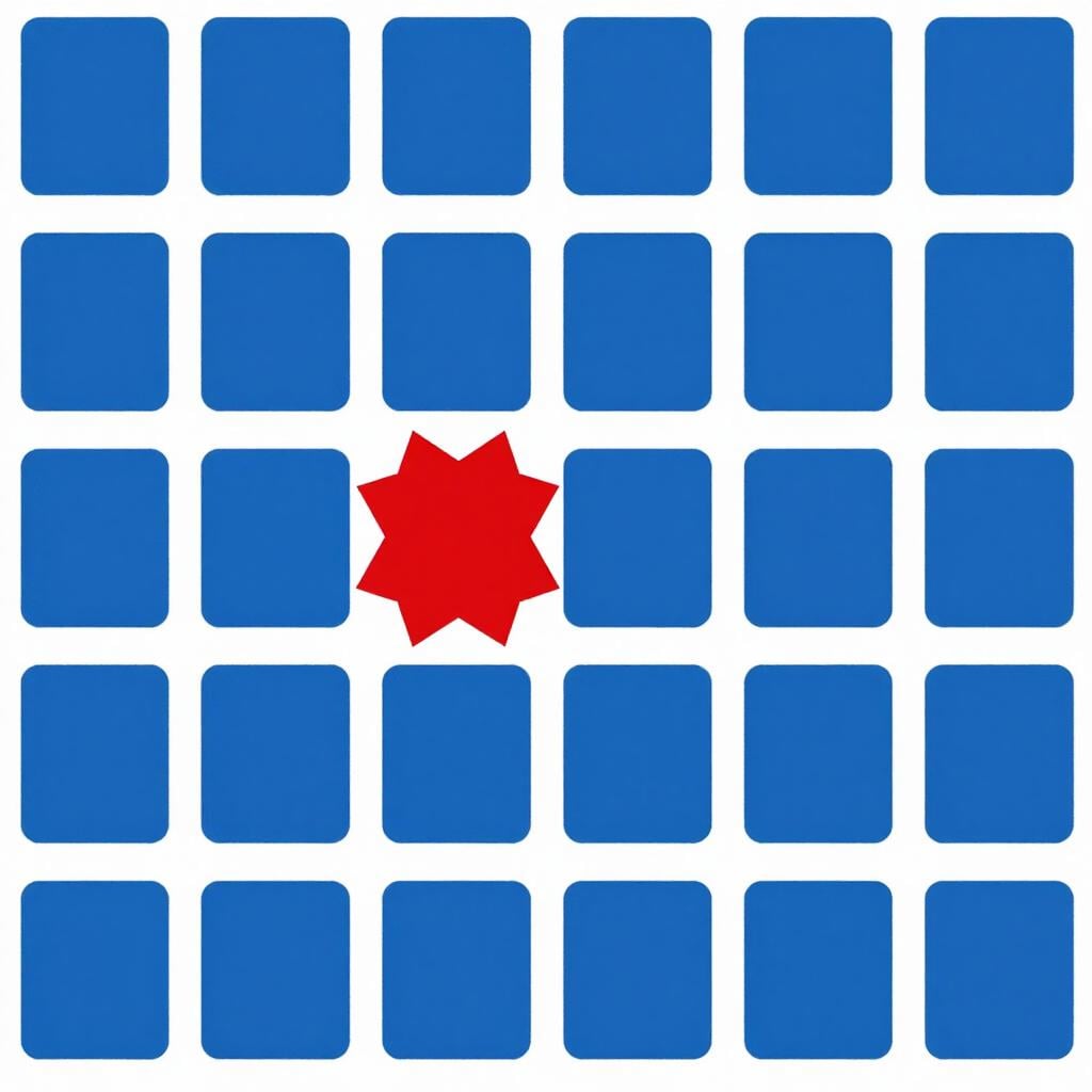 A row of identical blue squares with one jagged red shape in the middle.