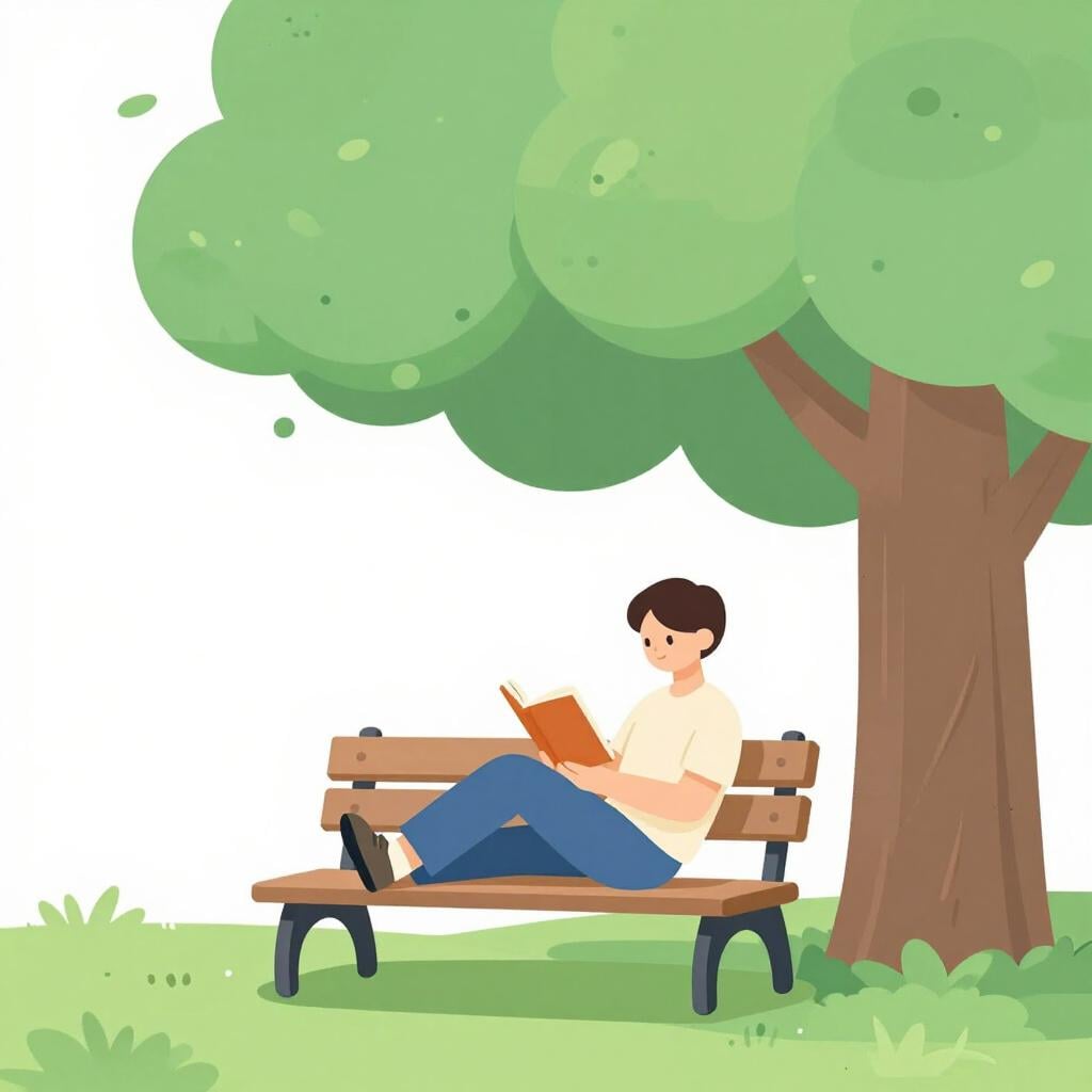 大きな葉の木の下で、公園で快適に座って本を読んでいる人。