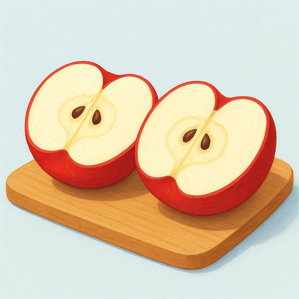 A red apple that has been cleanly cut into two equal halves.