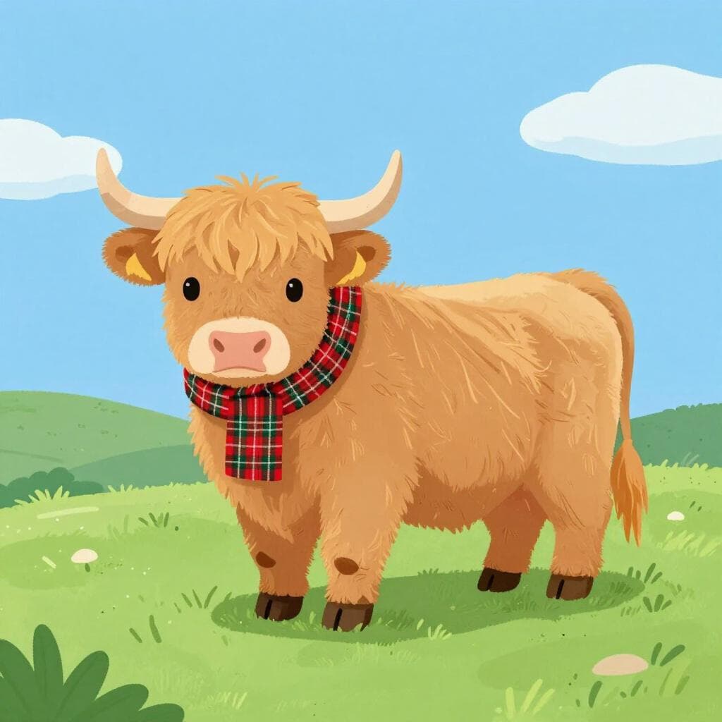Una mucca delle Highlands scozzese amichevole che indossa una sciarpa tartan tradizionale in piedi su una collina verde.