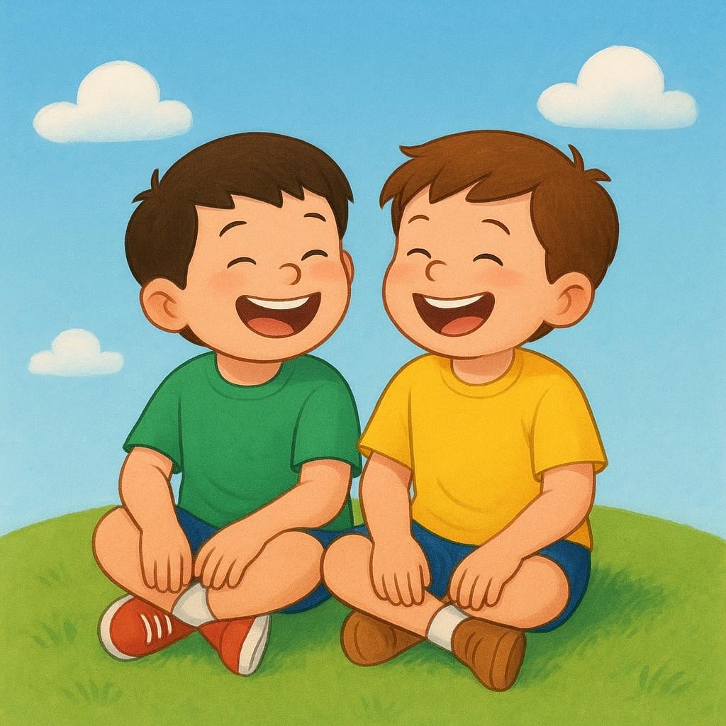 A simple colorful illustration showing two young boys sitting together on a grassy hill, representing brothers.