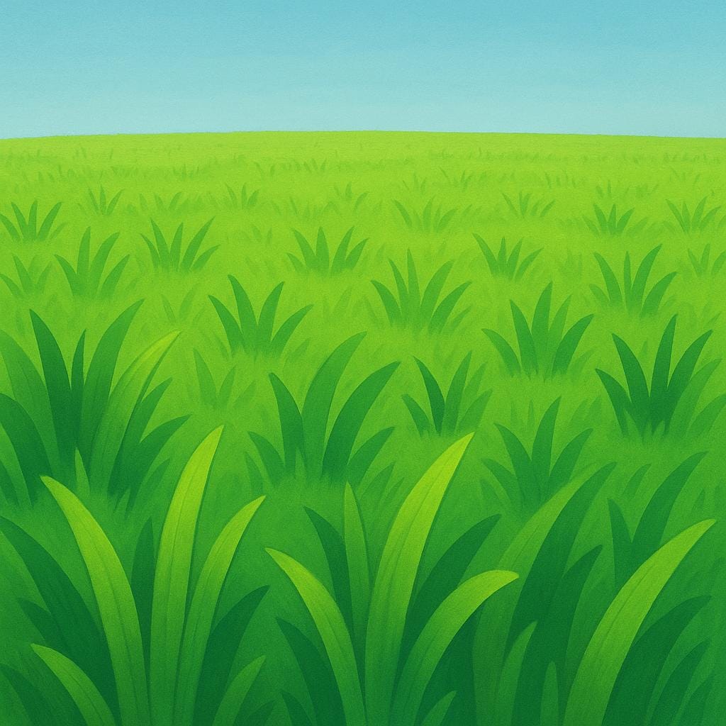 Een helder gekleurde illustratie die een dichte, gladde plek van levendige groene grassprieten toont die een goed onderhouden gazon vormen.