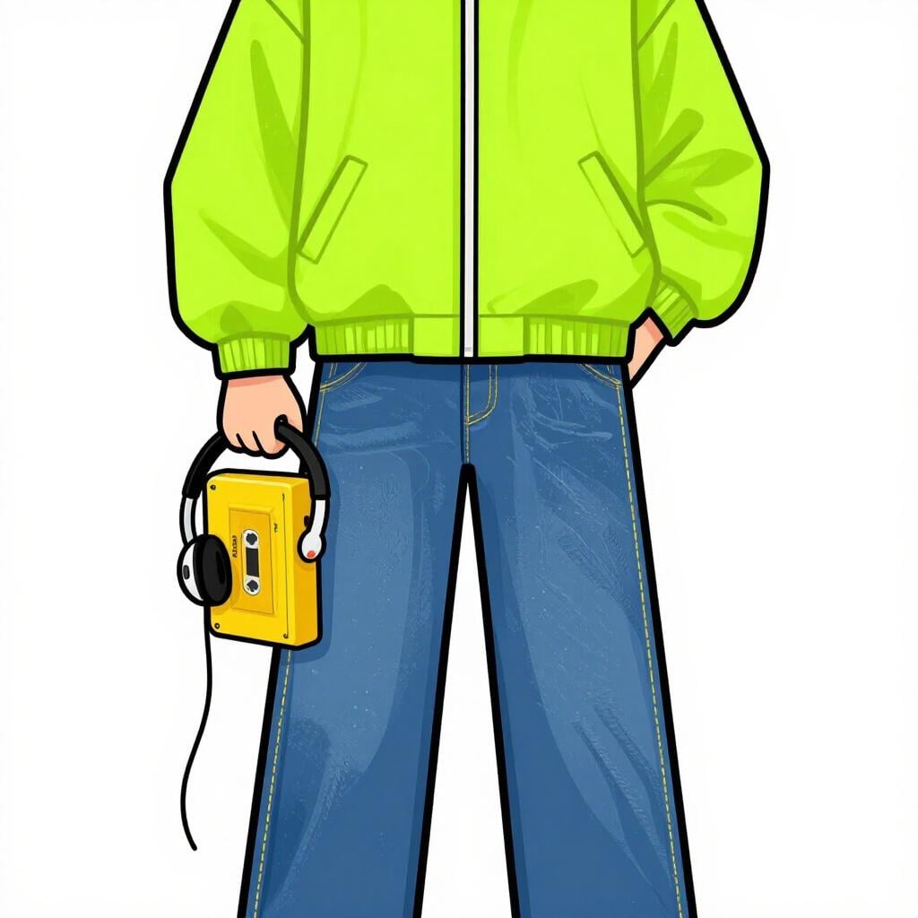 Une personne portant une mode des années 1990, y compris un coupe-vent fluo et un lecteur de cassette portable.