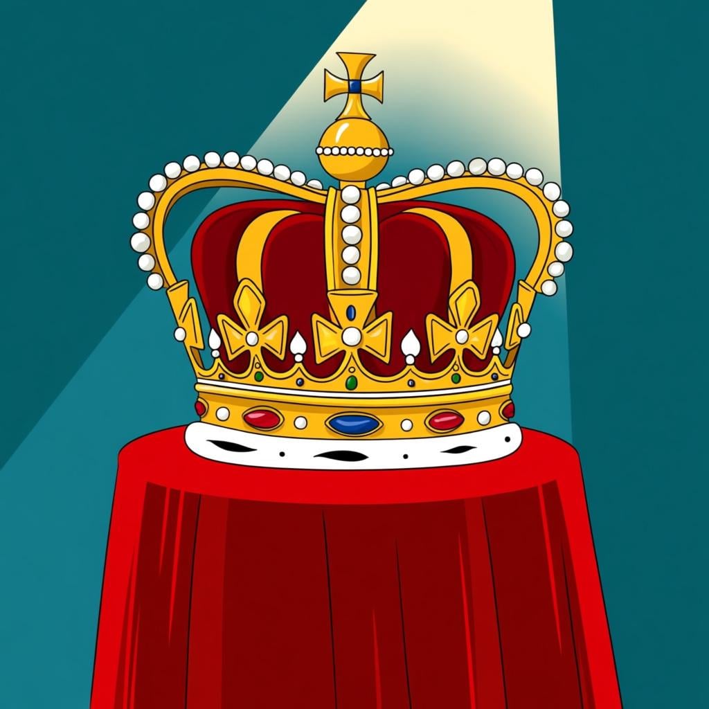 A majestic, highly detailed golden crown resting on a tall red velvet pedestal under a bright spotlight, symbolizing greatness and importance.