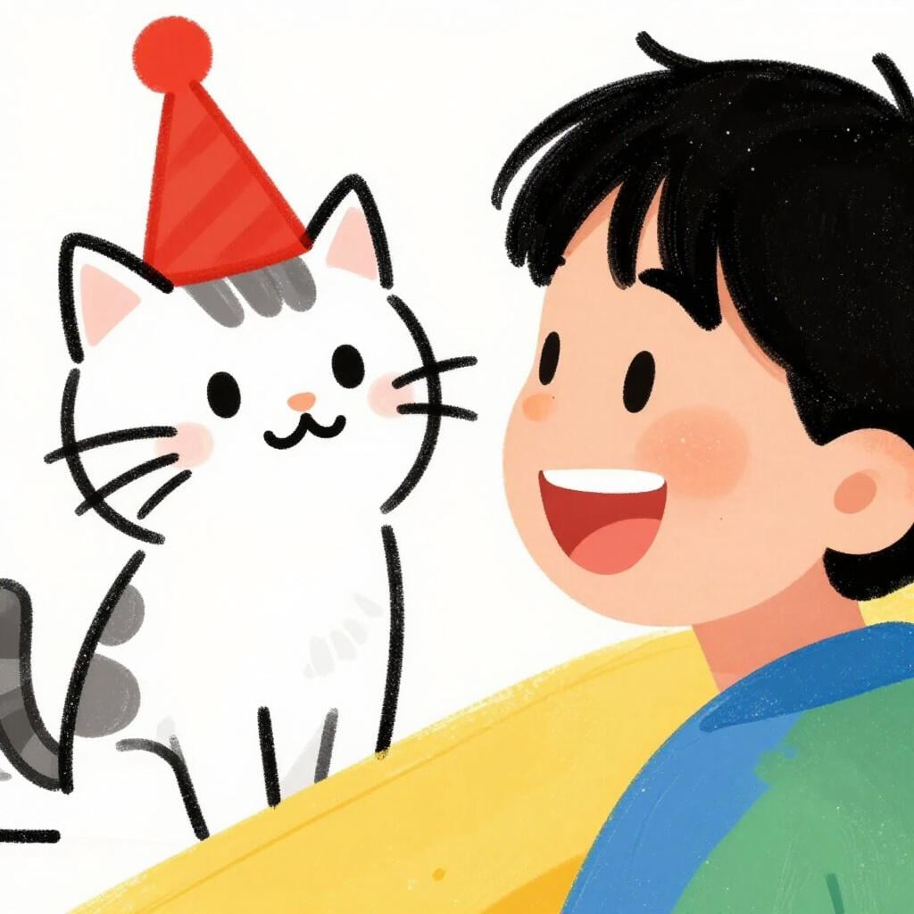 A cheerful person laughing heartily while pointing to a funny drawing of a cat.