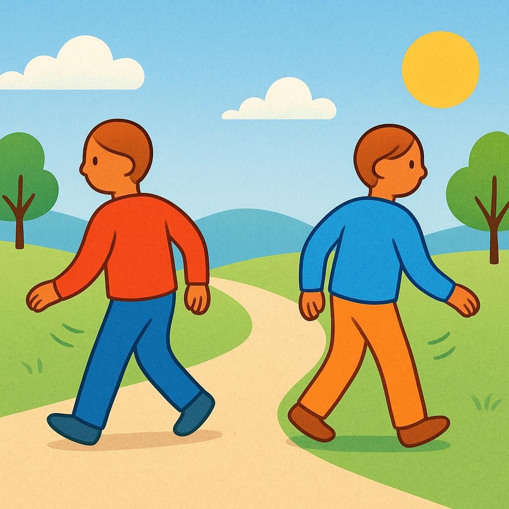 Two stylized figures walking on a path, simultaneously pivoting their bodies to sharply change direction.