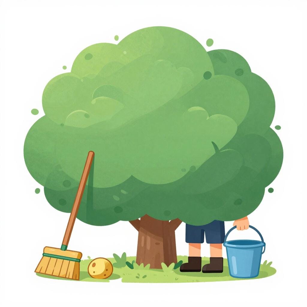 Uma pessoa escondendo-se atrás de um grande arbusto verde para evitar uma pilha de roupas ou uma vassoura encostada numa parede.