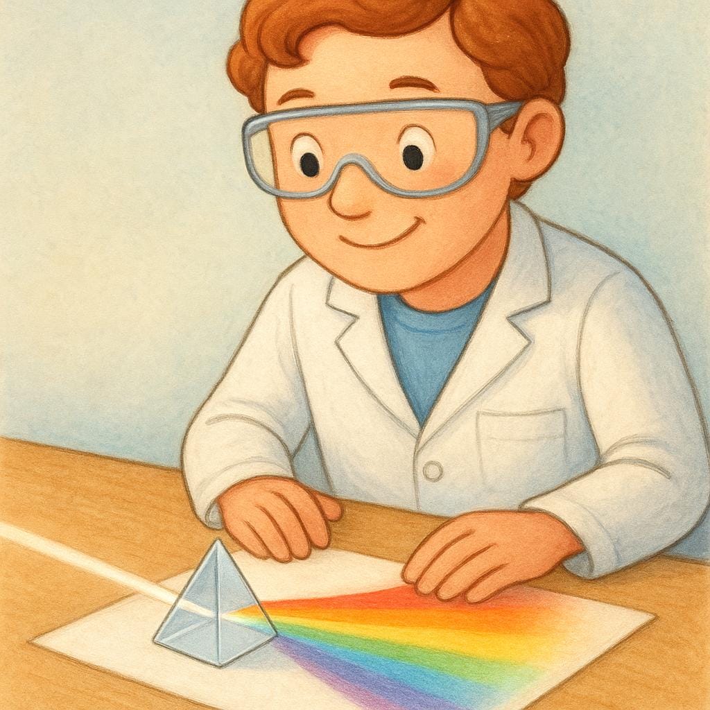 A scientist in a lab coat observing a glass prism on a table that is splitting white light into a spectrum of colors.
